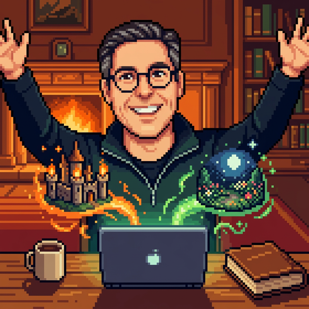 Pixel-art scene of Benoît in 2026 conjuring The Castle and The Garden from a laptop