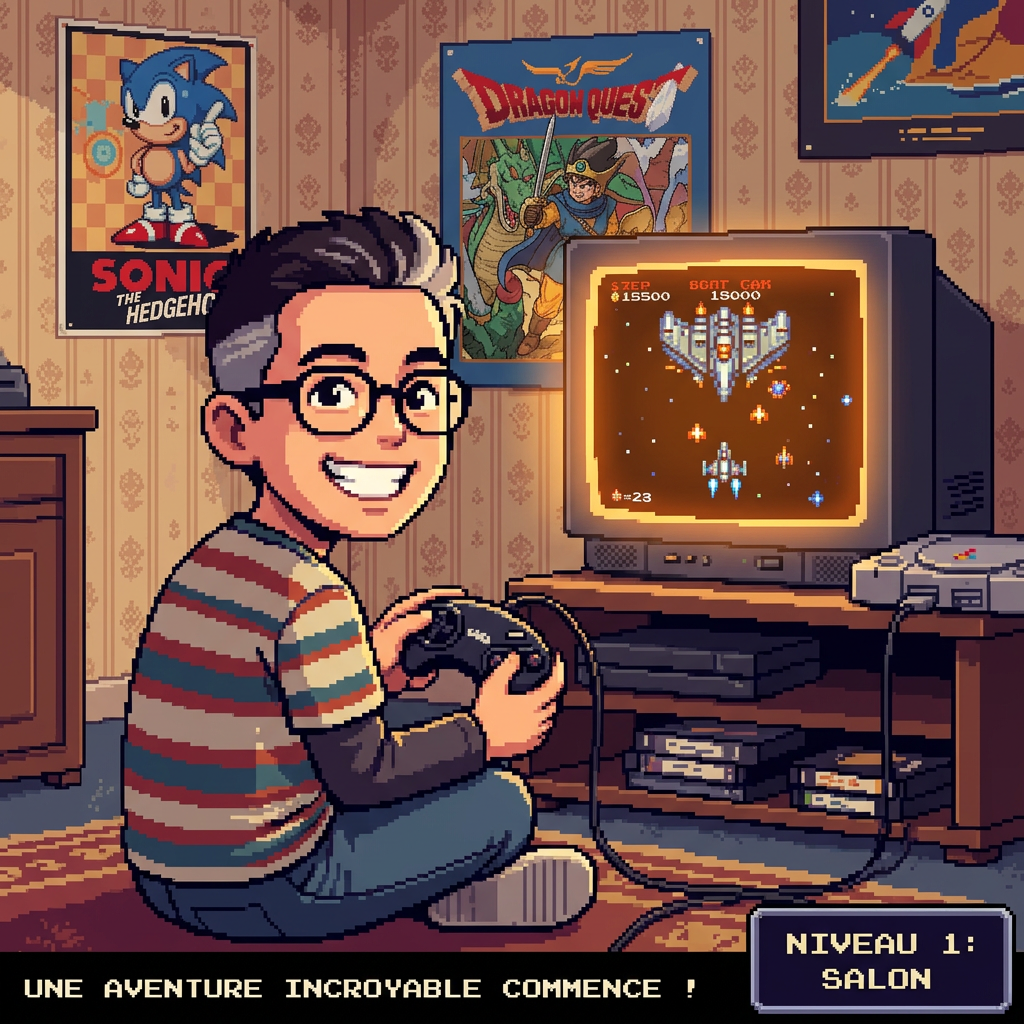 Pixel-art scene of young Benoît playing his Sega Megadrive in the 90s