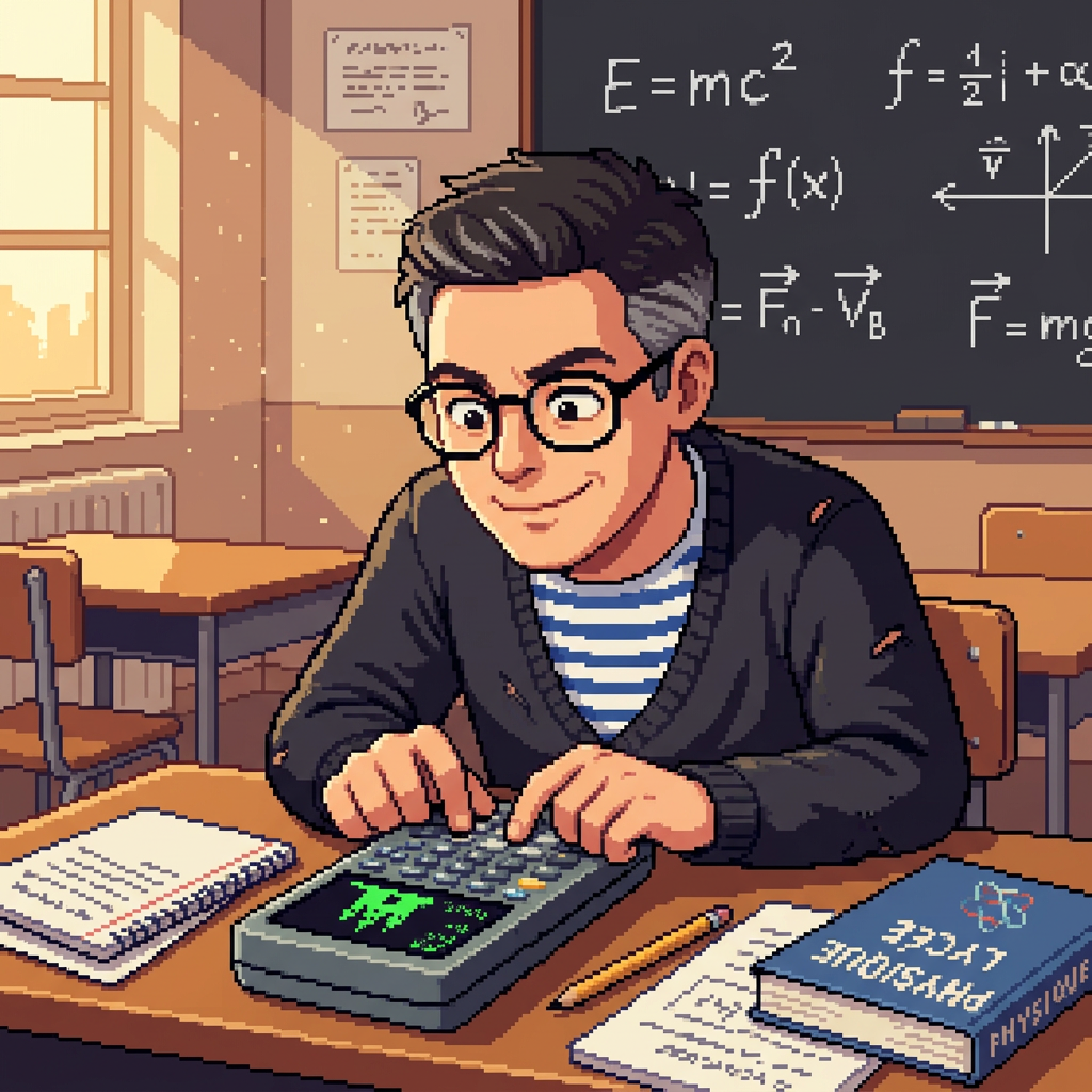 Pixel-art scene of teenage Benoît coding The Castle on a programmable calculator